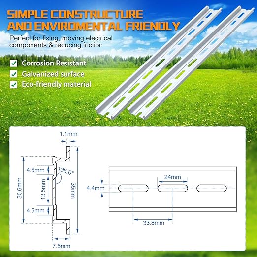 30 Piece Aluminum DIN Rails, 8 Inches Long, 35mm Wide, 7.5mm High, Top Hat Slotted DIN Rail with RoHS