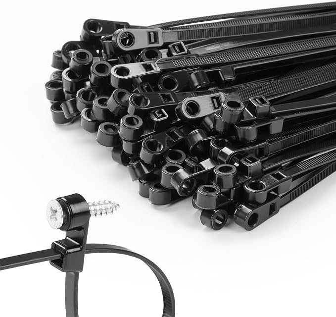 200 PCS 8 inch Black Zip Ties with Screw Hole 70lbs Mountable head Cable Ties Straps Multipurpose Heavy Duty Nylon Cable Zip Ties with Screw Mounting Hole