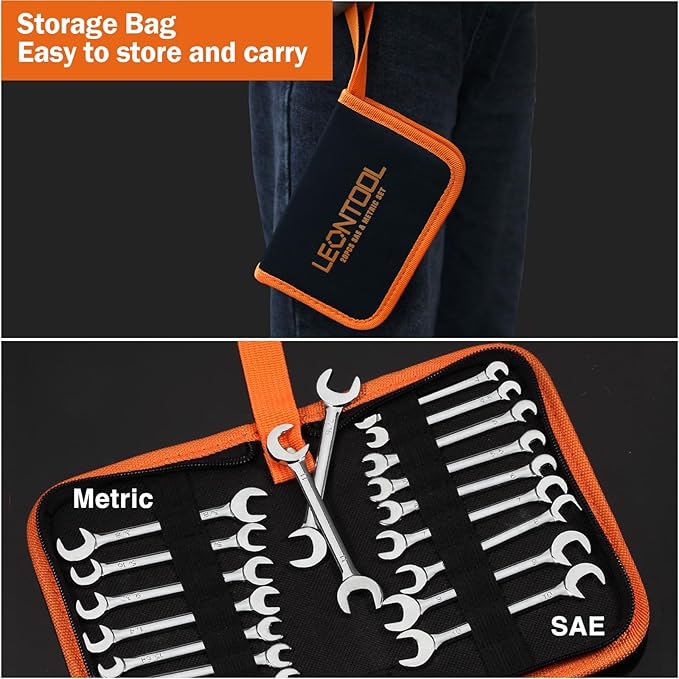 Mini Double Open End Wrench Set Metric and SAE 20 Pcs 4-11mm & 5/32" to 7/16" Mirror Chrome Finish Super Thin Open Ended Spanner Double Angle Head with Portable Storage Pouches