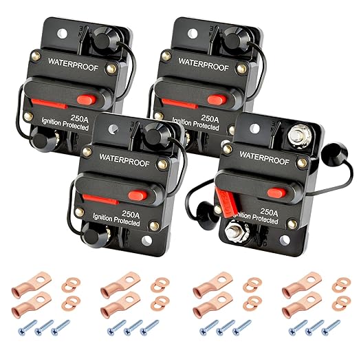 250Amp Circuit Breaker DC 12V-48V for Marine Boat Trolling Motor Automotive RV Trailer Car Solar System Battery Disconnect with Manual Reset Switch, IP67 Waterproof (Pack of 4)