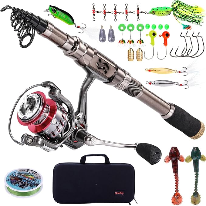 Sougayilang Fishing Rod and Reel Set Carbon Fiber Telescopic Fishing Rod 12+1BB Spinning Reel with Carry Case for Saltwater Freshwater