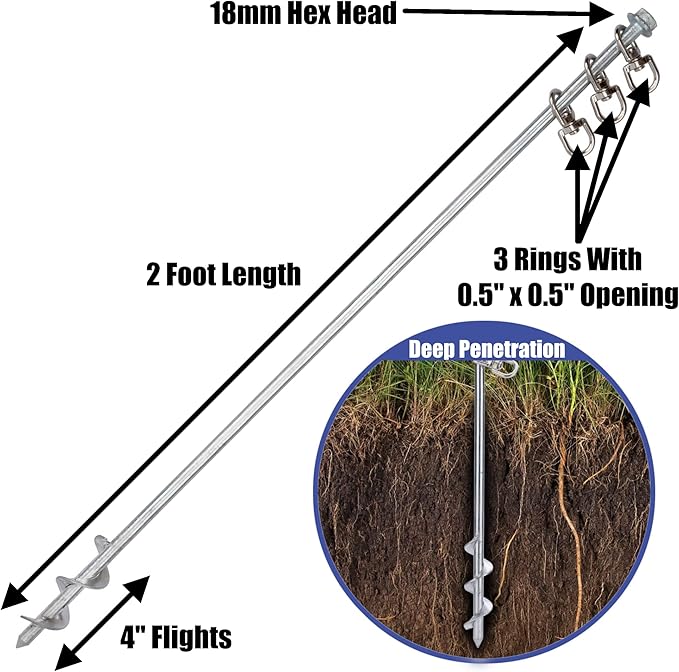 Earth Anchors - 24" Set of 2 Heavy Duty Ground Anchors - Screw in, Drill Bit Included - Ideal for Mobile Homes, Sheds, Swing Sets, Trees, Awnings & Canopies