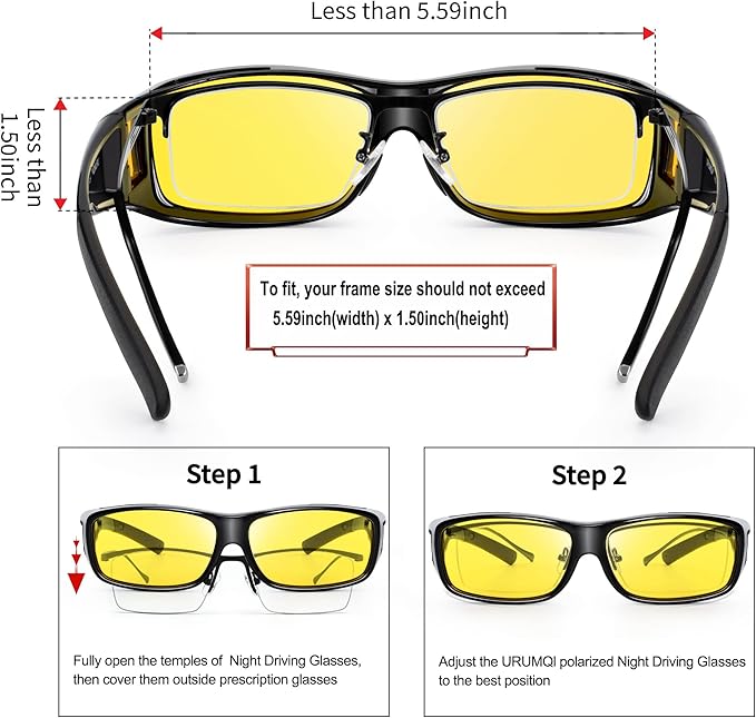 URUMQI Night Vision Driving Glasses Fit Over Eyeglasses for Men Women, Anti Glare Polarized Nighttime Glasses Yellow Lens