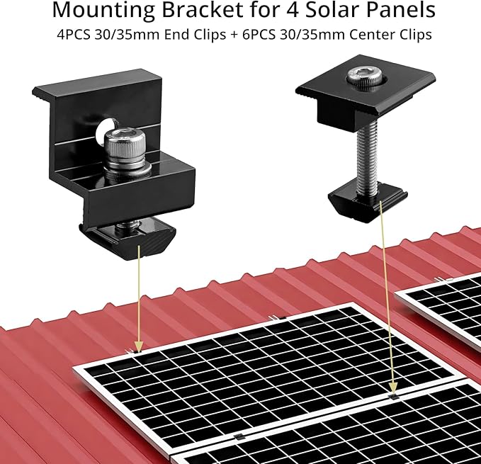 Anbte 10 PCS Solar Panels Brackets 30mm/35mm, Aluminium 6 x T-Shaped Mid Clamps + 4 x End Clamps, Solar Panel Mounting Brackets for Metal, Tin, Flat, Sheet Roofs, RV, Black