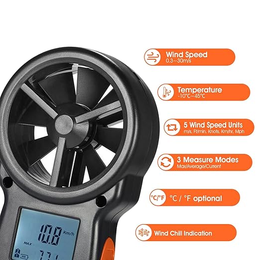 Kethvoz Anemometer, Digital Wind Speed Meter & CFM Air Flow Tester - Handheld Device to Measure Wind Velocity, Temperature, CFM for HVAC, Drone Flying, Sailing, Hunting