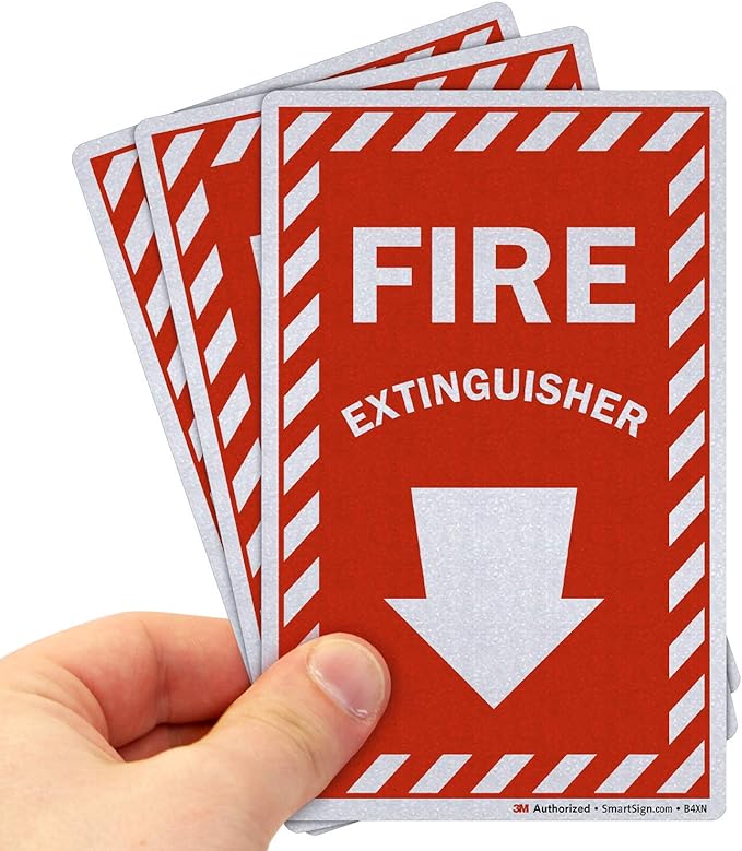 SmartSign Fire Extinguisher Label with Down Arrow | 4" x 6" 3M Engineer Grade Reflective, Pack of 3, Made in USA