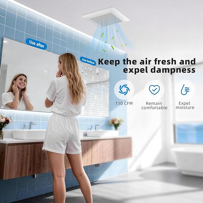 Bathroom Exhaust Fan 110 CFM Very Quiet with Matel Housing, Ceiling Mount Ventilation Fan Large Air-flow Capacity, Energy-Saving Household Bath Vent Extractor, White Plastic Grille