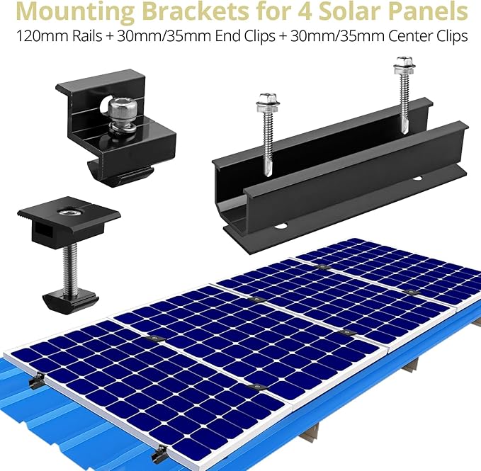 Anbte Solar Panel Mounting Brackets, Included 10 x 4.72 in Rails + 4 end Clamps + 6 Center Clamps + 1 Wrench, Aluminum Solar Mounting Kit for 4 Panels, Waterproof, for Roof, RV, Boat, Black