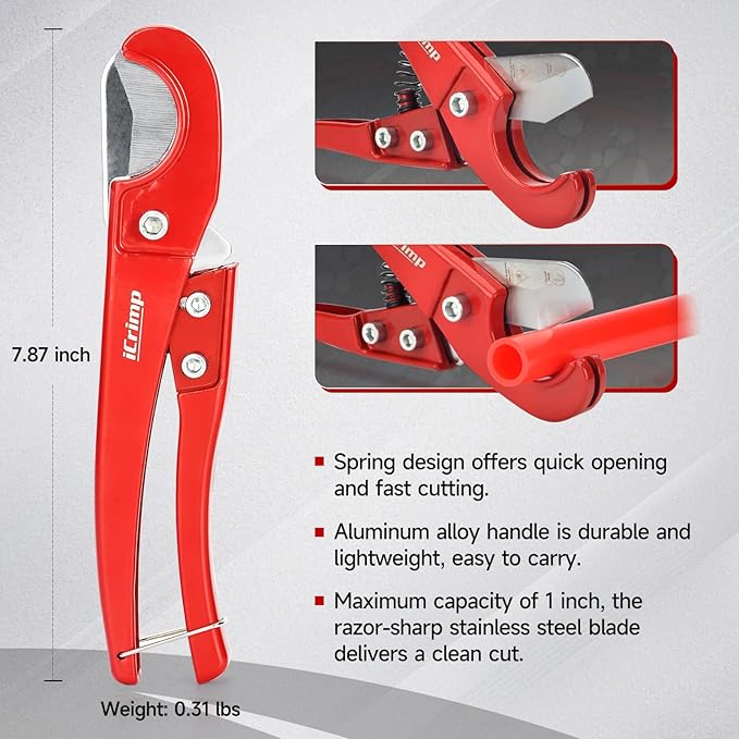 iCrimp Angle Head F1807 PEX Pipe Crimping Tool for Copper Rings - 1/2&3/4-inch Two Crimper Set with 9.5" Groove Joint Pliers, PPR Cutter, 20PCS 1/2" and 10PCS 3/4" Copper Rings