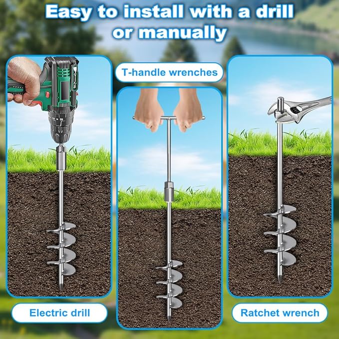 18'' Heavy Duty Ground Anchors 10mm Solid Steel with L Bracket, for Trampoline Mobile Home Swing Set Shed Carport Tent Earth Anchor Fence, 2.7" Helix Blade & Chrome Plated Finish, 2Pack