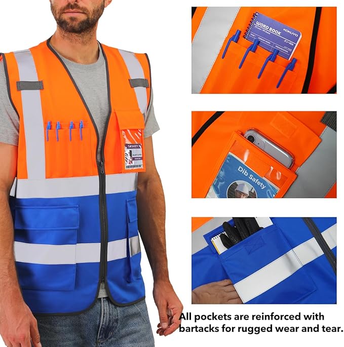 Dib Safety Reflective Vest ANSI Class 2, High Visibility Vest with Pockets and Zipper, Construction Work, Hi Vis