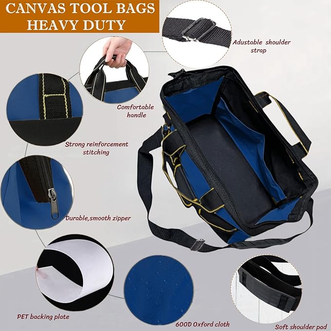 13 Inch Heavy Duty Tool Bag for Men, Waterproof Hard Bottom, Wide Mouth with Zipper Tool Bag, Multi Pocket Organizer for Electricians, Carpenters, Mechanics (Blue)