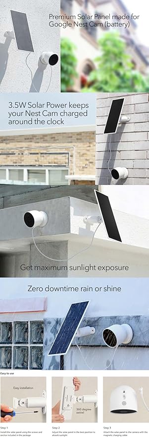 Wasserstein Premium Solar Panel, Solar Panel Charger for Google Nest Cam Outdoor or Indoor, Battery - 3.5W Solar Power - Made for Google Nest