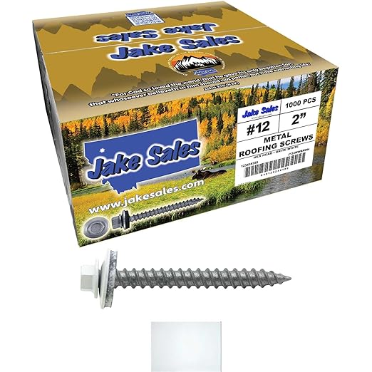 12 x 2 Brite White Metal Roofing Screws - Hex Washer Head- Self-Starting/Tapping - EPDM Washer. 4 X 250 Bags - 1,000 Screws