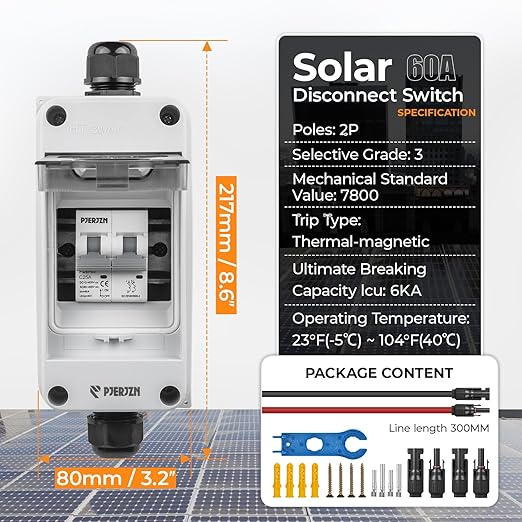 Solar Panel Disconnect Switch 1000V 25A PV Disconnect Switch Miniature Circuit Breaker with Waterproof Enclosure for Solar PV Homes Batter (25 Amps)