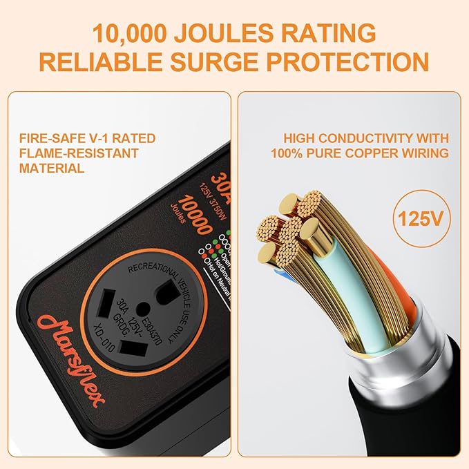 Marsflex Rv Surge Protector, 30amp Rv Circuit Analyzer, 10000 Joules Surge Protection with Waterproof Cover, LED Display, rv Voltage Protector for Camper, Travel Trailers, Motorboat, Color Black