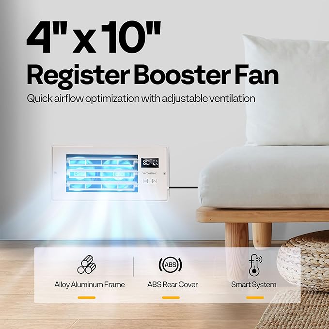 VIVOHOME 4'' x 10'' Opening Register Booster Fan with Adjustable Wind Direction Louver, Smart Intelligent Thermostat & 10-Speed Remote Control - 11.4" x 5.5" Vent Cover for Room, Floor, Wall - White