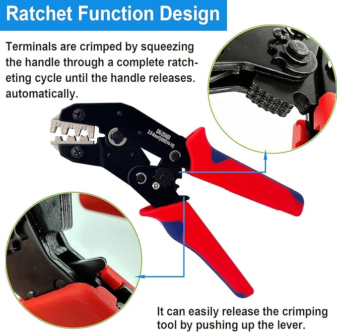 Crimping Tool with Ratchet, Ratcheting Wire Crimper Tool for Open Barrel Terminal Connectors, Electrical Crimping Tool, Crimping Pliers for 14-10 AWG