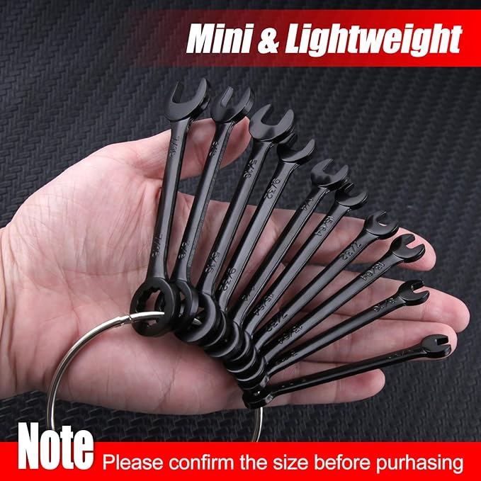 Mini Wrench Set SAE 10-Piece Ignition Wrench Set, 5/32"-7/16" Open End and Box End Combination Wrench Kit, Super Thin Small Wrenches with Zipper Bag and Key Ring for Small Fasteners, Black