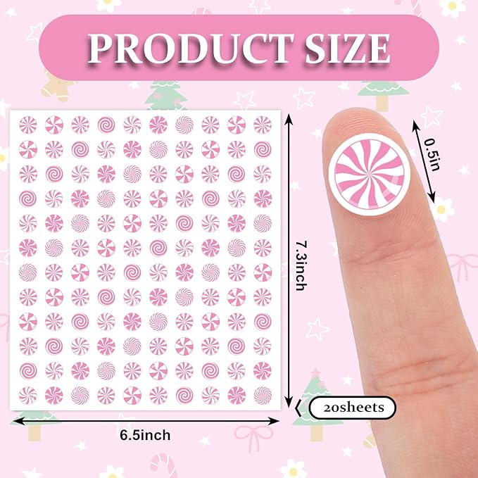 JarThenaAMCS 2400 Pcs Christmas Mini Sticker Paper Decal Xmas Pink White Peppermint Candy Self-Adhesive Sticker for Envelope Scrapbook Gift DIY Supplies, 0.5 in