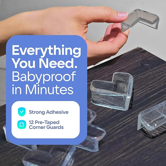 12-Pack Baby Proof Corner Protectors, Clear Furniture Safety Bumpers, Soft Rubber Foam Cushion Guards with Pre-Applied Adhesive, Child Proofing Pads for Tables, Cabinets, Desks, Glass Surfaces