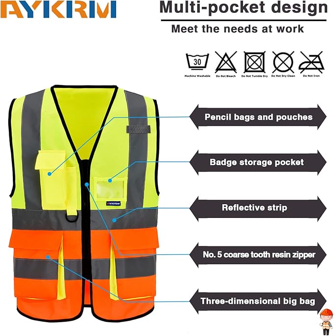 4XL-5XL High Visibility reflective Safety Vest with Pockets and Zipper, Yellow&Orange Color Mixed