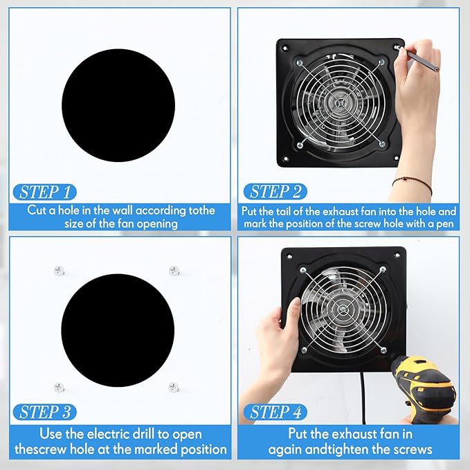 8 Inch Exhaust Fan 576 CFM Kitchen Exhaust Fan with Switch Small Exhaust Fan Bathroom Potable Plug in Garage Exhaust Fan with Damper for Shop, Smoking Room, Industrial Ventilation Use, Black