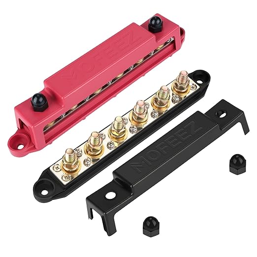 MOFEEZ Power Distribution Block Bus Bar, 6 x 3/8" Posts, 10 x #8 Screws Terminals, Max 48V 250A (Pair, Red & Black)