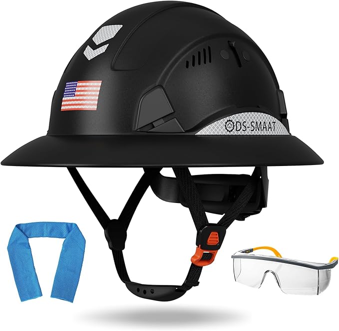 Full Brim Hard Hat ANSI Z89.1 Type 1 & OSHA Certified Safety Helmet with Glasses and Cooling Towel,with 6-Point Suspension & Adjustable Vents