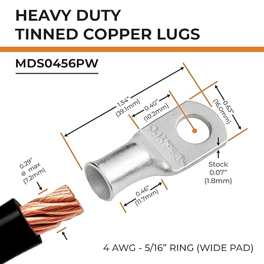 SELTERM 10pcs 4 AWG-5/16" Stud (Wide Pad) Tinned Copper Wire Lugs, Heavy Duty Battery Cable Ends,4 Guage Ring Terminals, UL Battery Lugs Marine Grade Copper Eyelets Battery Terminal Connectors