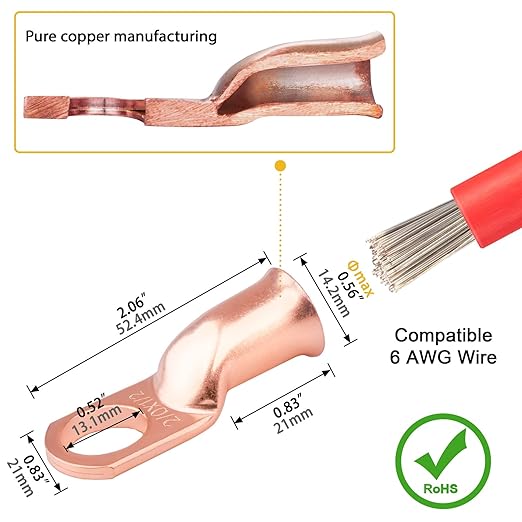 10pcs 2/0 Aw(00 Guage) - 1/2" (M12) Sanuke Wire Lugs Ring Terminal Connectors Ends Heavy Duty for Battery Cable Lug Wire Electrical Eyelets with 3:1 Dual Wall Adhesive Heat Shrink