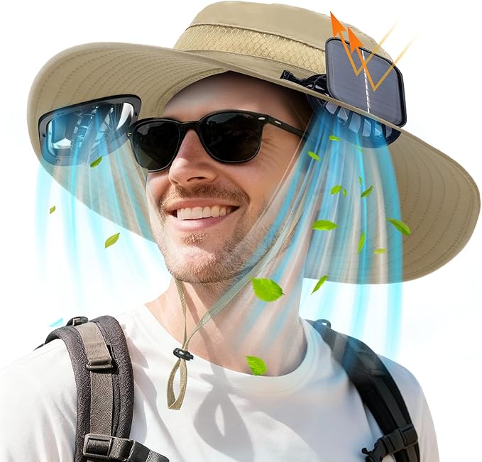 Berlune Men Sun Hat with 2 Solar Fans Wide Brim Outdoor Fishing Hat USB & Solar Powered for Sun Protection Camping Hiking