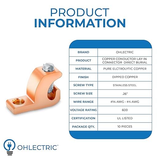 OHLECTRIC Lay in Lugs Grounding Connectors (10 Pack) Grounding Swimming Pool Lay in Connector - Pool Bonding Lugs, Ground Wire Lugs for 4-14 Wire Range - Quality Copper Wire Lugs for Conduits