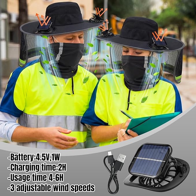 Solar Fan Hat for Men Women Sun Wide Brim Fishing Hat with Dual Power Ice Silk Neck Cover Reflective Design