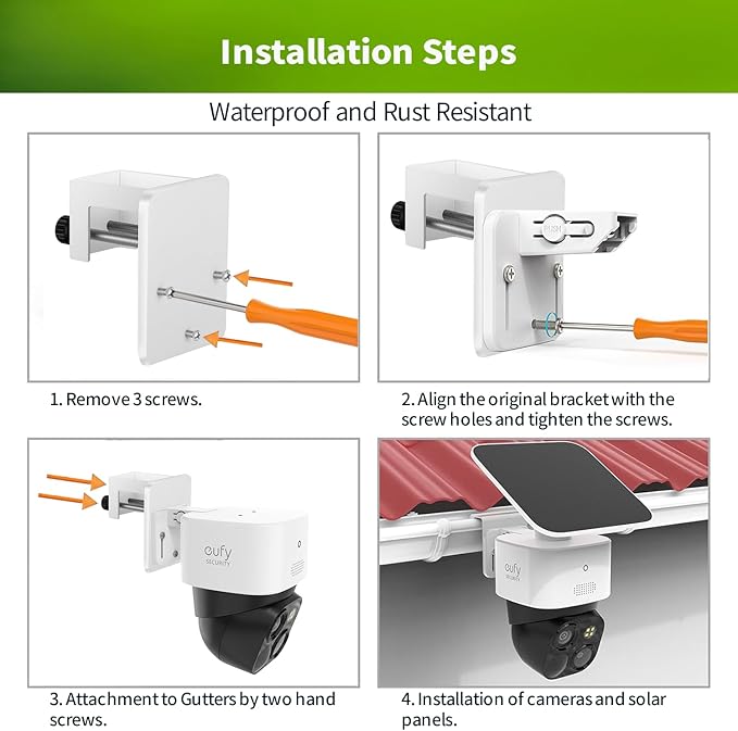Gutter Mount Bracket for Eufy SoloCam S340/SoloCam E30/SoloCam E42/Eufy 4G LTE Cam S330, Weatherproof Corner Mount for Solar Security Camera, No-Drill Installation (1 Pack, White)