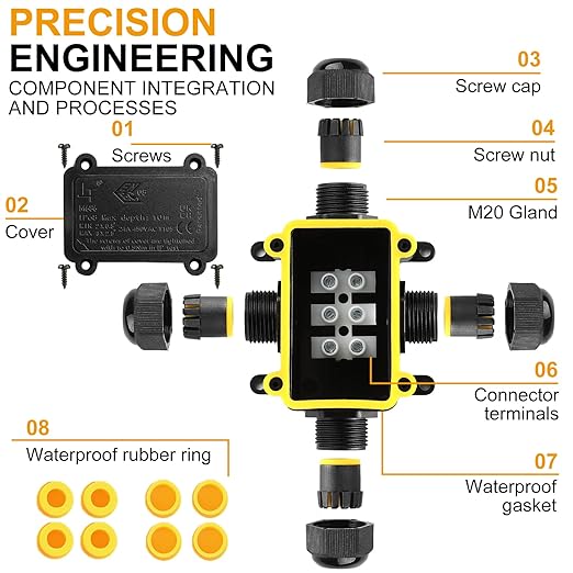IP68 Waterproof Junction Box Outdoor,4-Way Electrical Junction Box Outdoor with 4 Cable M20 Gland Wire Connector Extension Electrical Cable Protector for Diameter Cable Ø4-12mm Black
