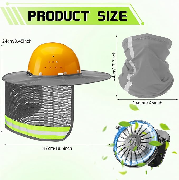 1 Set Sun Hard Hat Shade Full Brim Hard Hat Sun Visor with Solar Fans and Neck Sunshade Cover High Visibility Full Brim Mesh with Reflective Strip, Summer Protection Accessories(Gray)