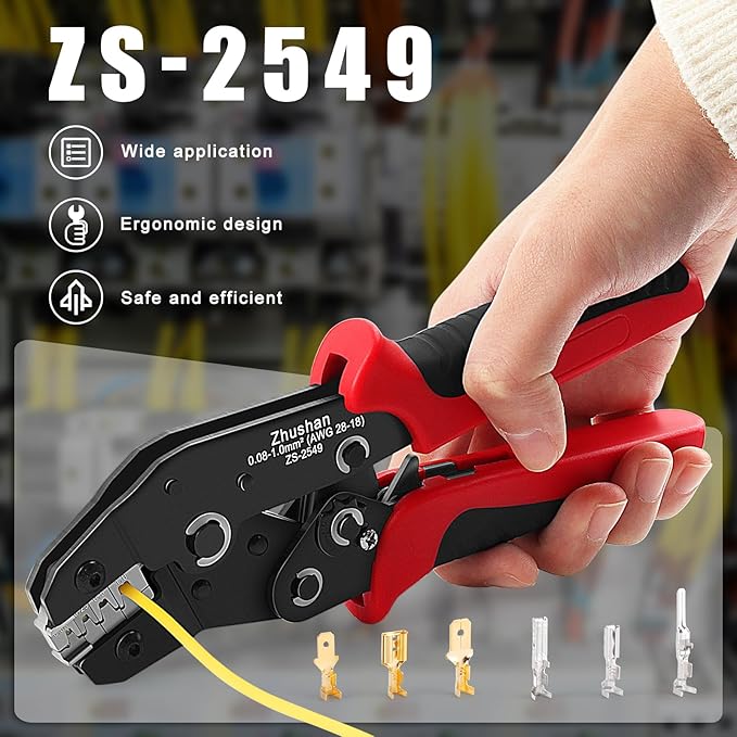 Zhushan ZS-2549 Precision Ratcheting Crimping Tool for JST, Molex, Dupont Terminals – Fits ZH 1.5mm, PH 2.0mm, XH 2.5mm, VH 3.96mm, Dupont 2.54mm, AWG 28-18 (0.08-1.0mm²) – Professional Wire Crimper