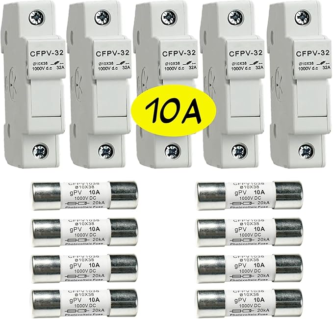 HQRP Combo: 5-Pack Solar PV CFPV-32 DIN Rail Fuse Holder, 1-32Amp, 1000VDC and 8-Pack Photovoltaic Fast Acting Fuse Links CFPV-1038, gPV Type, 10 Amp 1000V DC, 10x38mm, 20kA IR, Solar PV Ceramic Fuses