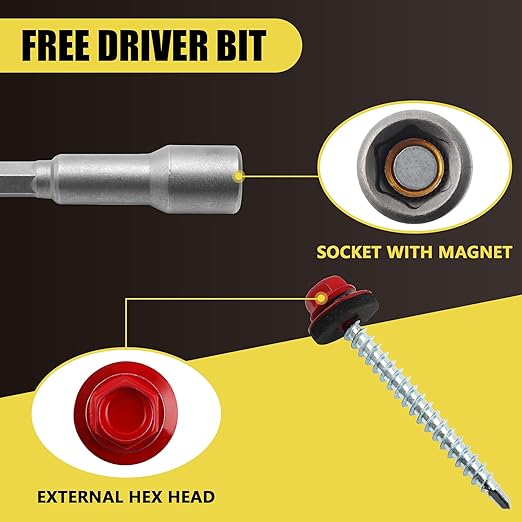 200pcs #10 x 2 Red Hex Head Self-Drilling Metal Roofing Screws, EPDM Washer, Colored Head, Wood Screws, Sheet Metal Roof Screw with Hex Driver Bit (Red, 2 in)