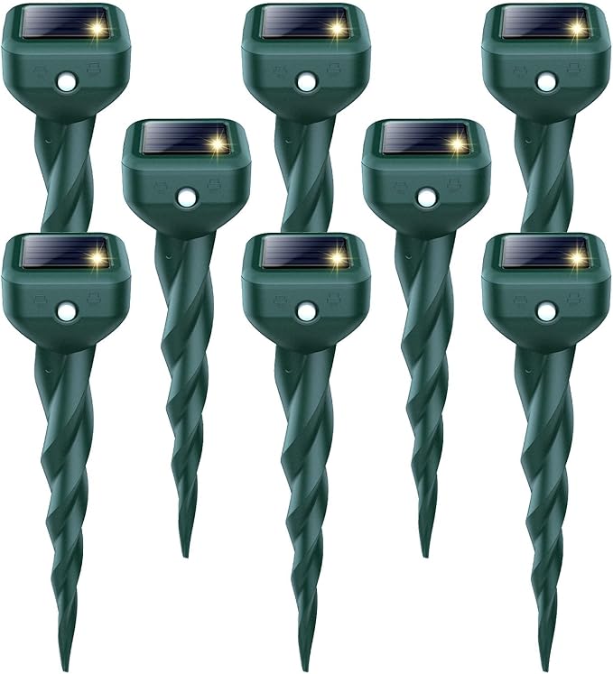 Mole Repellent Solar Powered, 8 Pack Snake & Skunk Repellent for Yard, IP 65 Waterproof Ultrasonic Deterrent Stakes, Get Rid for Rabbit, Gopher, Vole, Chipmunk, Deer, Groundhog for Lawns Garden