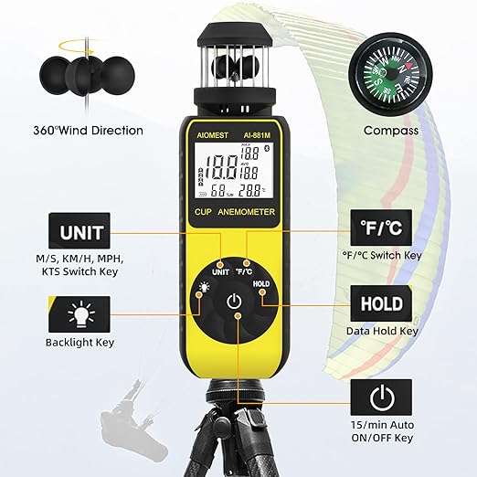 AIOMEST Handheld Wind Cup Anemometer with Direction, Digital Wind Speed Meter Gauge Measure 1.5~93MPH Air Flow Velocity, Wind Temp for Outdoor Hunting Shooting Drone Surfing HVAC - AI-881M