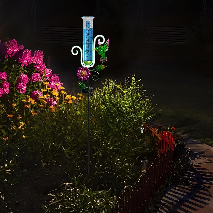 WONDER GARDEN Rain Gauge Outdoor,Hummingbird with Led Neon Lights Decorative Rain Gauge,Freeze Proof Solar Rain Gauges Outdoors Best Rated for Yard,Garden,Lawn Decor