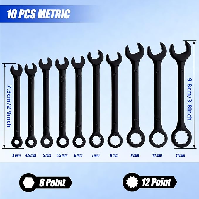 Mini Wrench Set Metric 10-Piece Ignition Wrench Set, 4-11mm Open End and Box End Combination Wrenches, Super Thin Small Wrenches with Zipper Bag and Key Ring for Small Fasteners, Black