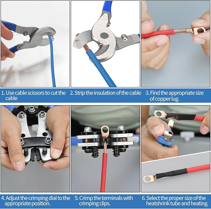 Cable Lug Crimping Tool with 170pcs Copper Wire Lugs, Wire Crimping Tool for AWG 10-1/0 Electrical Lug Crimper, with Cable Cutter, 210pcs Dual Wall Adhesive Heat Shrink Tubing
