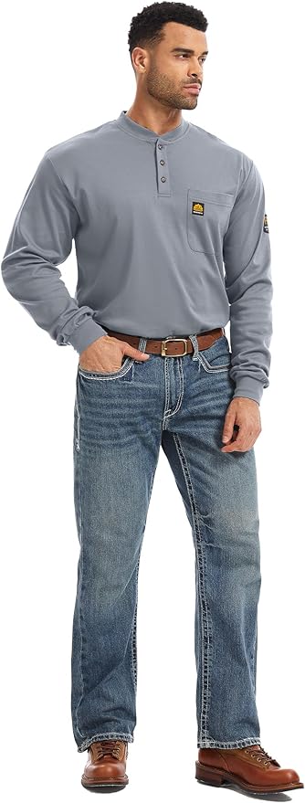 WORKWEYA 6.5oz Flame Resistant Henley Shirt 100% Cotton Lightweight FR Shirts for Men