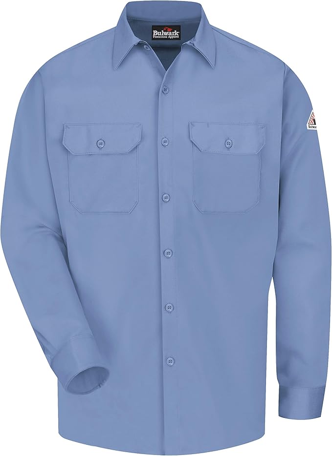 Bulwark Flame Resistant 7 oz Cotton/Nylon Excel FR ComforTouch Regular Work Shirt with Sleeve Vents, Lined Cuff, Light Blue, Medium