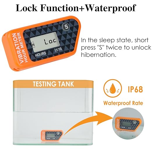 LCD Digital Hour Meter Gauge Vibration Activated,Waterproof Design,for All Vibrating Machine,Air Compressor,Generator,Lawn Mower,Motorcycle,Chainsaw (Orange)