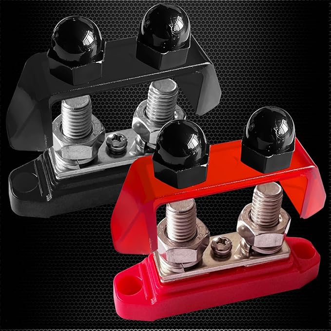 Ampper 3/8" Power Distribution Block Bus Bar 12V 250A, Dual Studs M10 Busbar Battery Junction Post Distribution Block with 1 x M4 Screw Terminal (Red and Black)