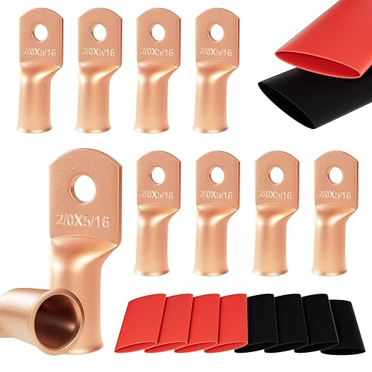 10pcs 2/0 Awg(00 Guage) - 5/16" (M8) Sanuke Wire Lugs Ring Terminal Connectors Ends, Heavy Duty Wire Connectors for Battery Cable Lug, Wire Electrical Eyelets with 3:1 Dual Wall Adhesive Heat Shrink